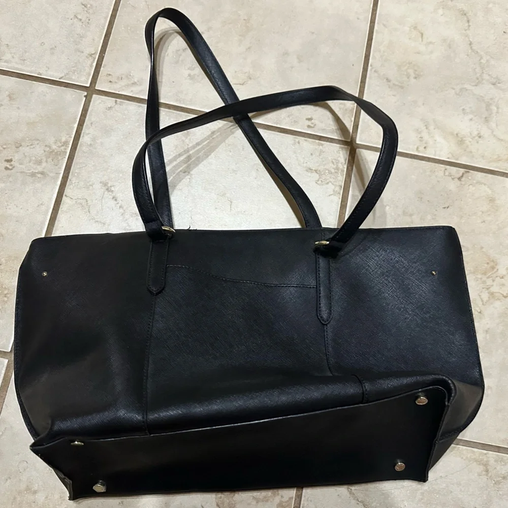Karl Lagerfeld Paris Black Leather Tote Bag Saffiano Gold Hardware Large Handbag